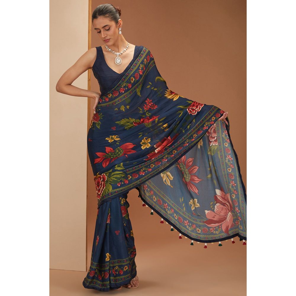 Neha Khullar Blue Printed Saree with Petticoat and Stitched Blouse