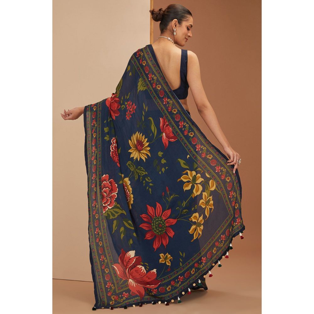 Neha Khullar Blue Printed Saree with Petticoat and Stitched Blouse