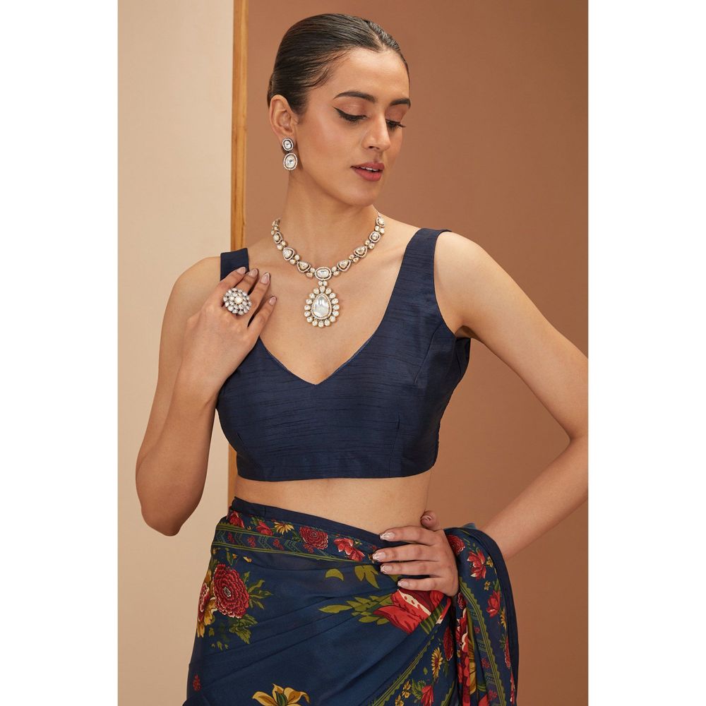 Neha Khullar Blue Printed Saree with Petticoat and Stitched Blouse