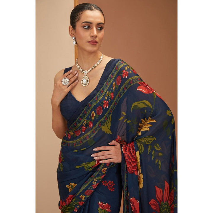 Neha Khullar Blue Printed Saree with Petticoat and Stitched Blouse