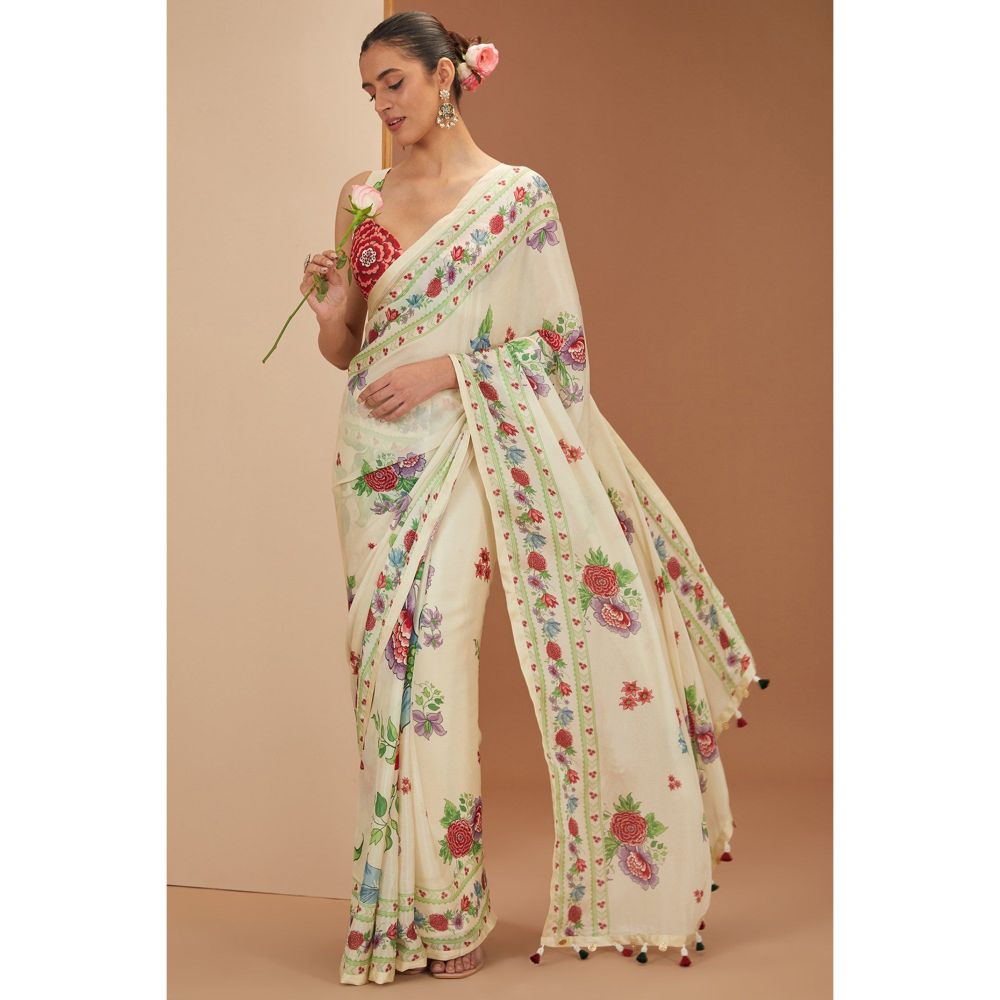 Neha Khullar Ivory Printed Saree with Petticoat and Stitched Blouse