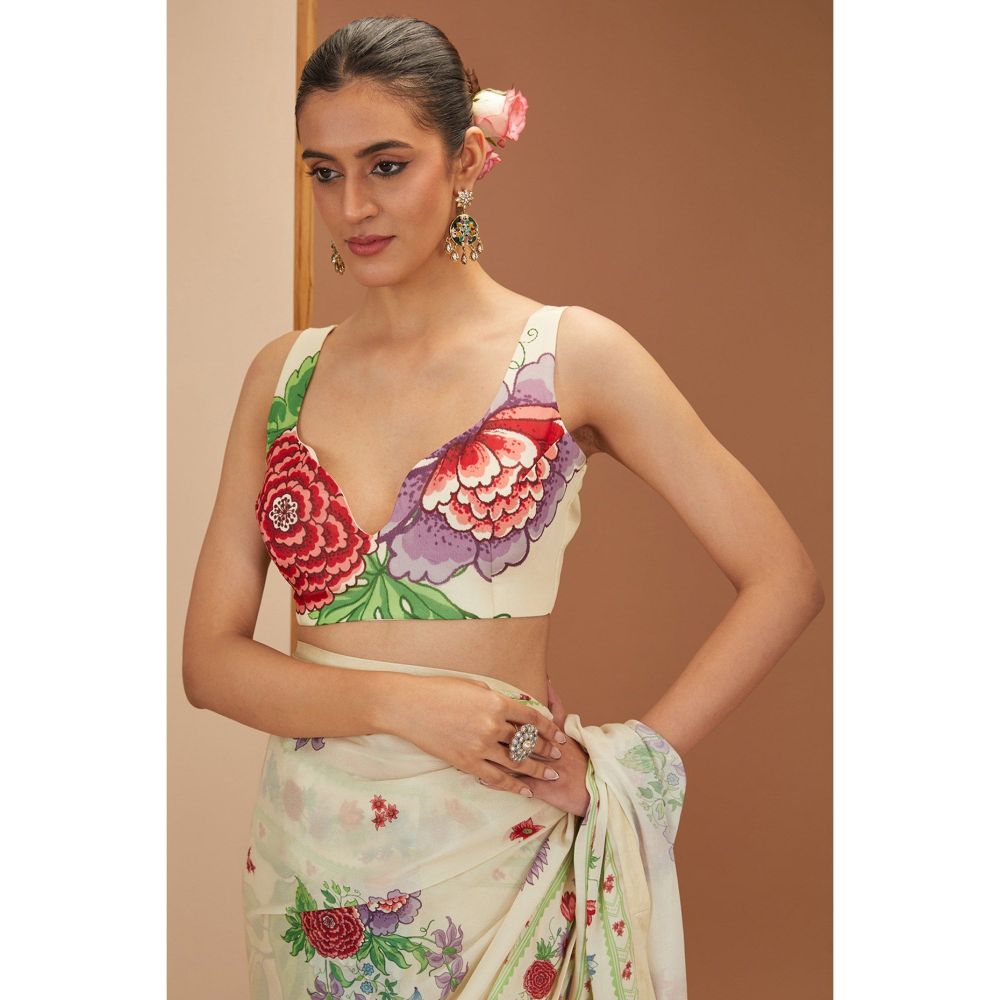 Neha Khullar Ivory Printed Saree with Petticoat and Stitched Blouse