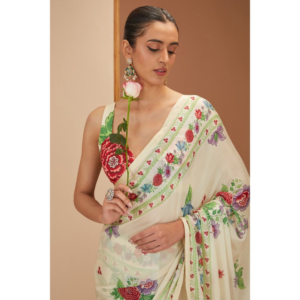 Neha Khullar Ivory Printed Saree with Petticoat and Stitched Blouse
