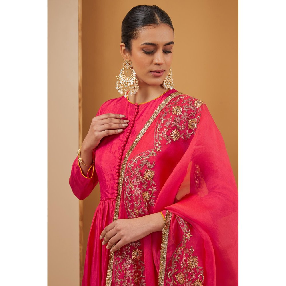 Neha Khullar Pink Fuscia Anarkali with Pant and Dupatta (Set of 3)