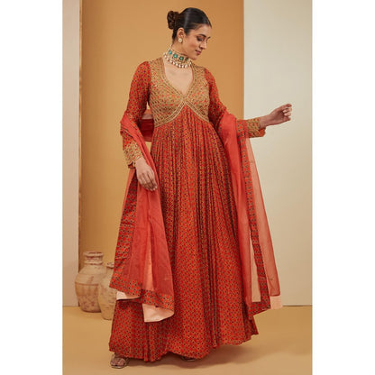 Neha Khullar Printed Rust Anarkali with Pant and Dupatta (Set of 3)