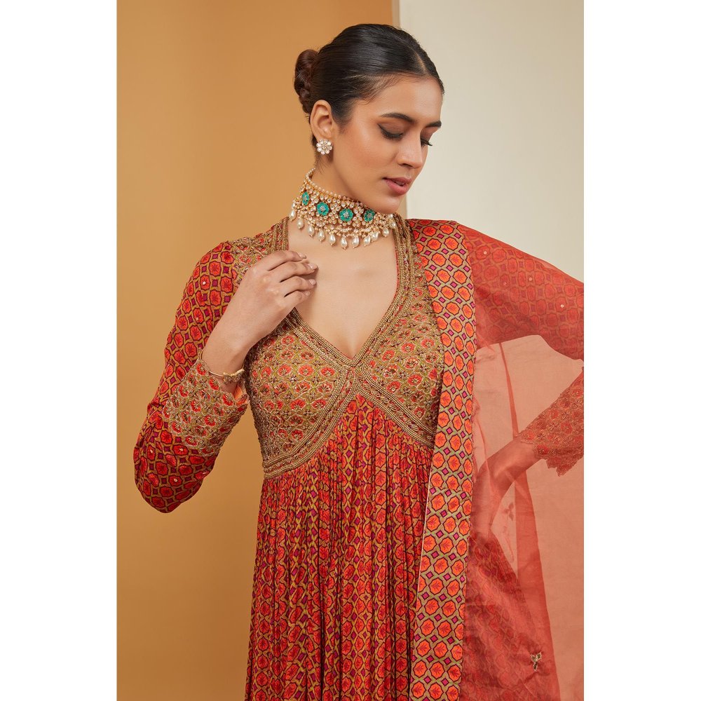 Neha Khullar Printed Rust Anarkali with Pant and Dupatta (Set of 3)