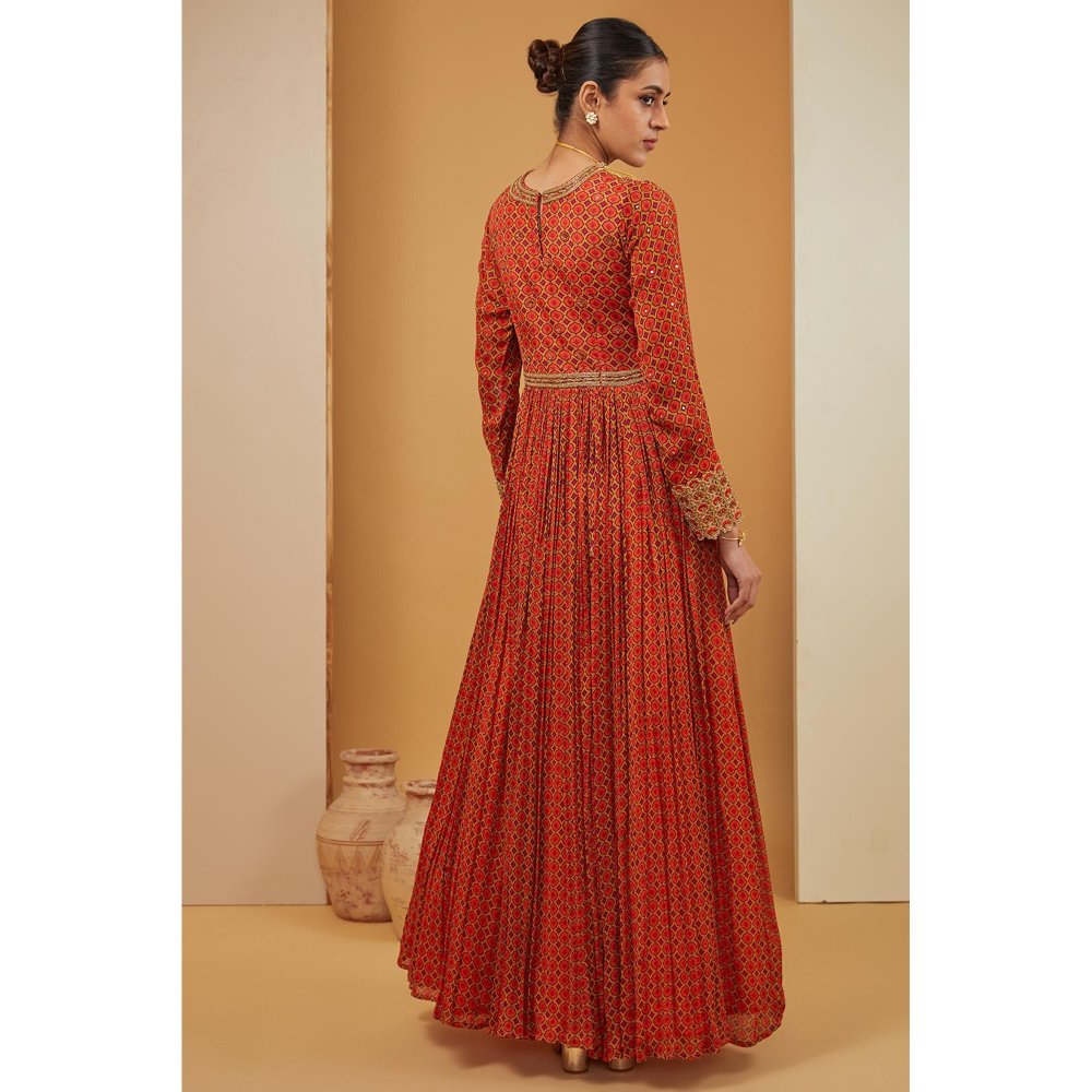 Neha Khullar Printed Rust Anarkali with Pant and Dupatta (Set of 3)