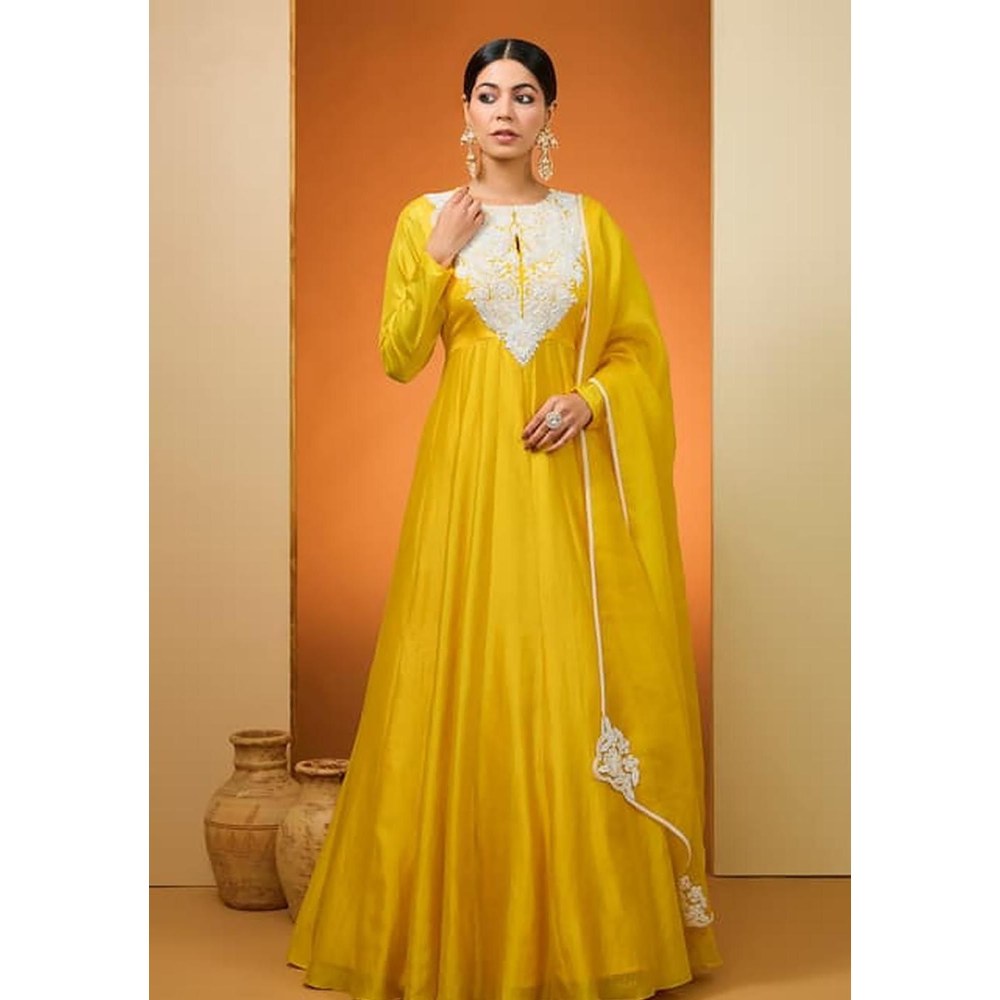 Neha Khullar Yellow Silk Chanderi and Pure Silk Hand Embroidered Anarkali Set