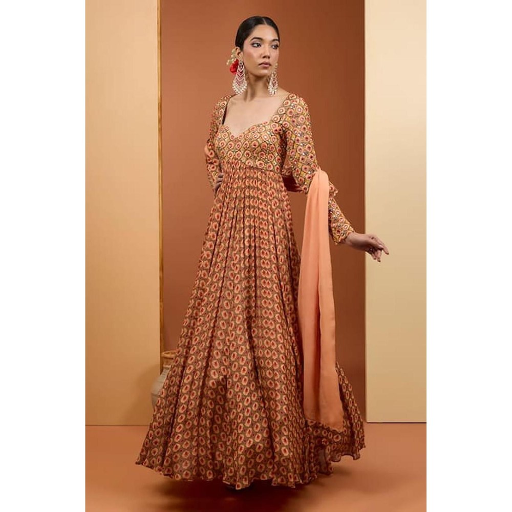 Neha Khullar Beige Viscose Chiffon Printed and Embroidered Anarkali Set