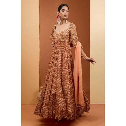 Neha Khullar Beige Viscose Chiffon Printed and Embroidered Anarkali Set