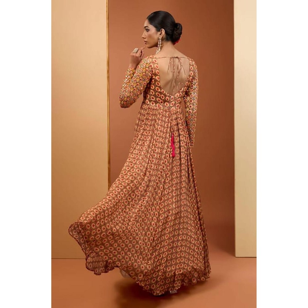 Neha Khullar Beige Viscose Chiffon Printed and Embroidered Anarkali Set