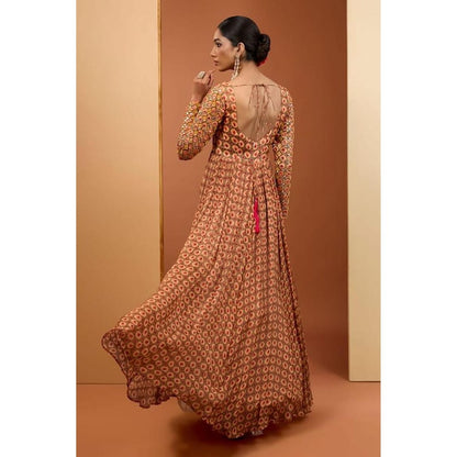 Neha Khullar Beige Viscose Chiffon Printed and Embroidered Anarkali Set