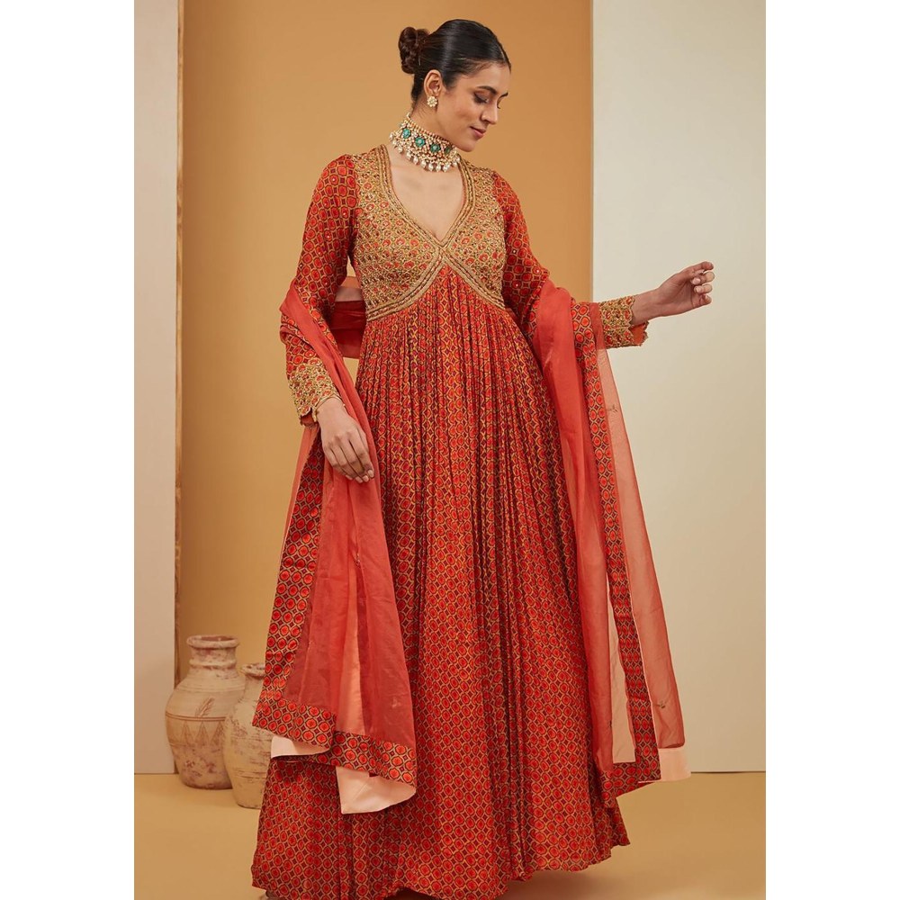 Neha Khullar Orange Viscose Chinon Print Geometric Jaal V Anarkali With Dupatta For Women