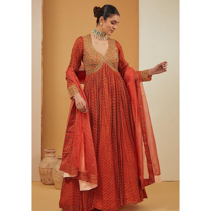 Neha Khullar Orange Viscose Chinon Print Geometric Jaal V Anarkali With Dupatta For Women