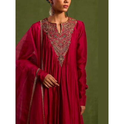Neha Khullar Pink Chanderi Silk Embroidery Dabka Notched Hand Yoke Anarkali With Dupatta