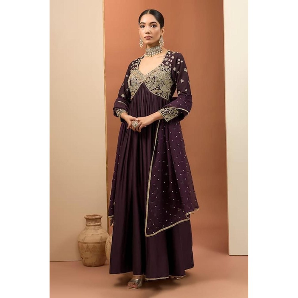 Neha Khullar Purple Chanderi Silk Hand Embroidered Anarkali Set