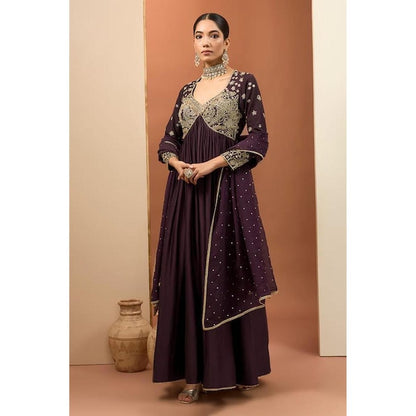 Neha Khullar Purple Chanderi Silk Hand Embroidered Anarkali Set