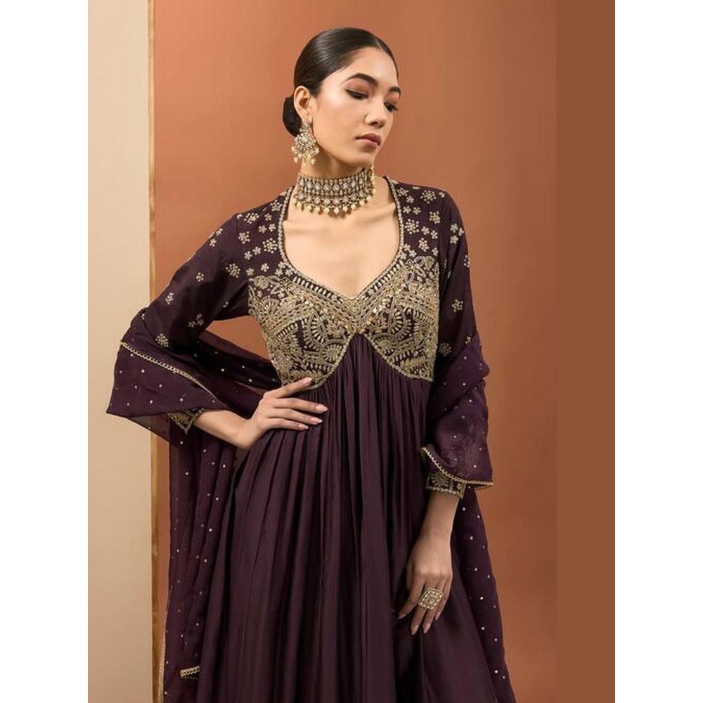 Neha Khullar Purple Chanderi Silk Hand Embroidered Anarkali Set
