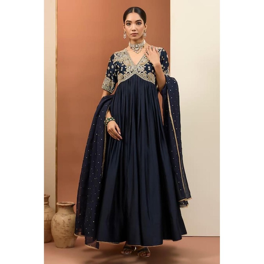 Neha Khullar Blue Chanderi Silk Hand Embroidered Anarkali Set