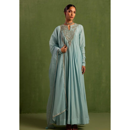 Neha Khullar Chanderi Silk Hand Embroidered Kurta Set in Blue