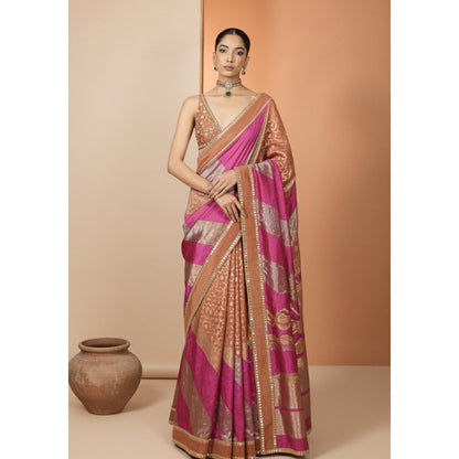Neha Khullar Pink Handloom Silk Printed Pre Drape Saree and Stitched Blouse Set
