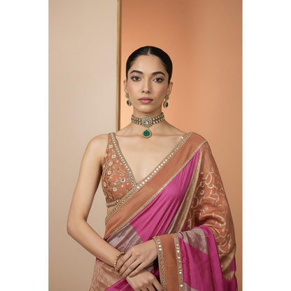 Neha Khullar Pink Handloom Silk Printed Pre Drape Saree and Stitched Blouse Set