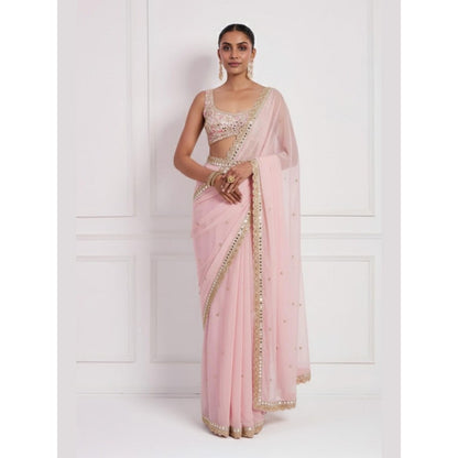 Neha Khullar Pink Hand Embroidered Mirror Work Pre Drape Saree and Stitched Blouse Set