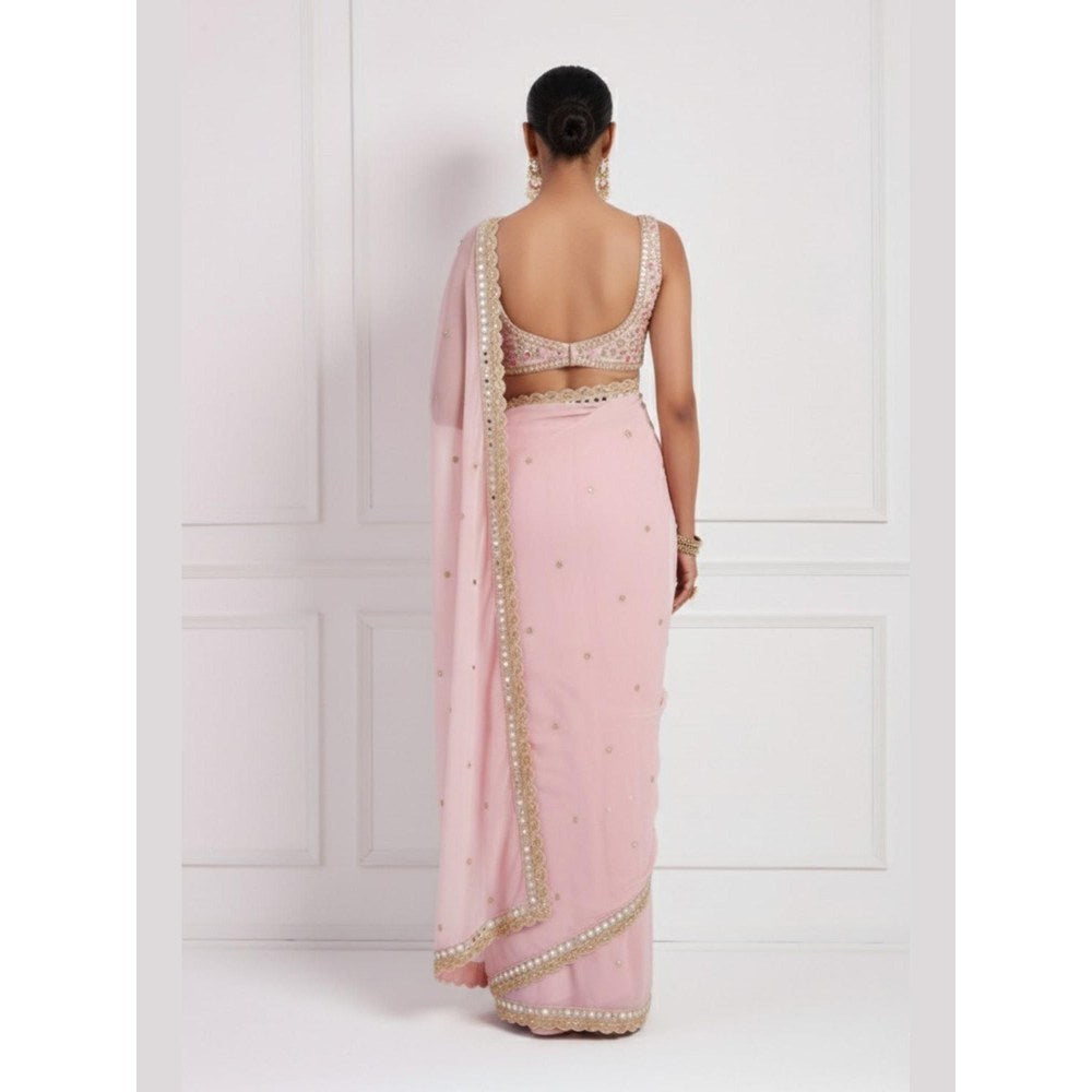 Neha Khullar Pink Hand Embroidered Mirror Work Pre Drape Saree and Stitched Blouse Set