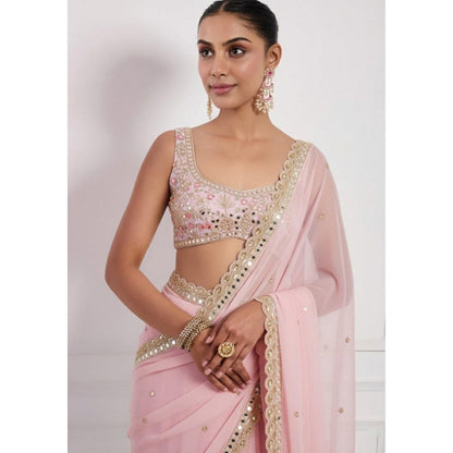 Neha Khullar Pink Hand Embroidered Mirror Work Pre Drape Saree and Stitched Blouse Set