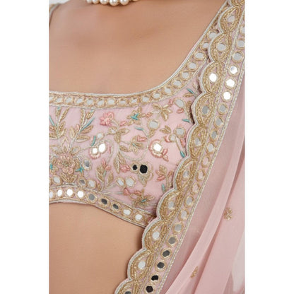 Neha Khullar Pink Hand Embroidered Mirror Work Pre Drape Saree and Stitched Blouse Set