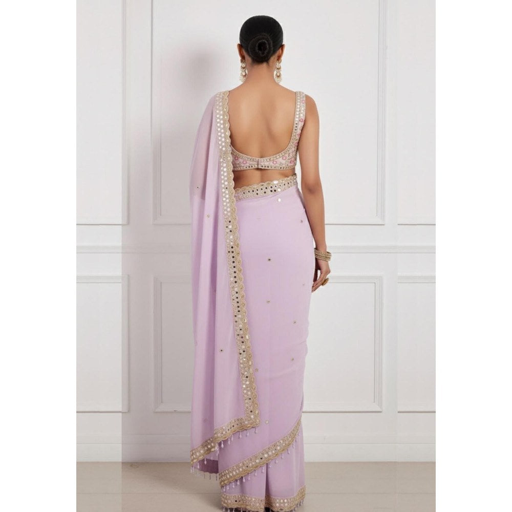 Neha Khullar Lavender Hand Embroidered Mirror Work Pre Drape Saree and Stitched Blouse Set