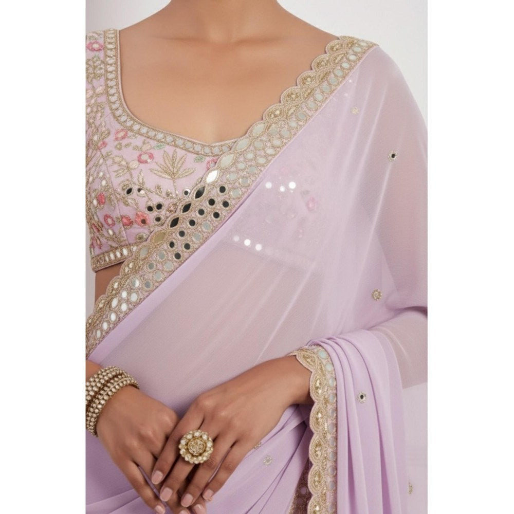 Neha Khullar Lavender Hand Embroidered Mirror Work Pre Drape Saree and Stitched Blouse Set