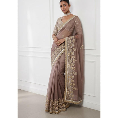 Neha Khullar Mocha Hand Embroidered Pre Drape Saree and Blouse Set