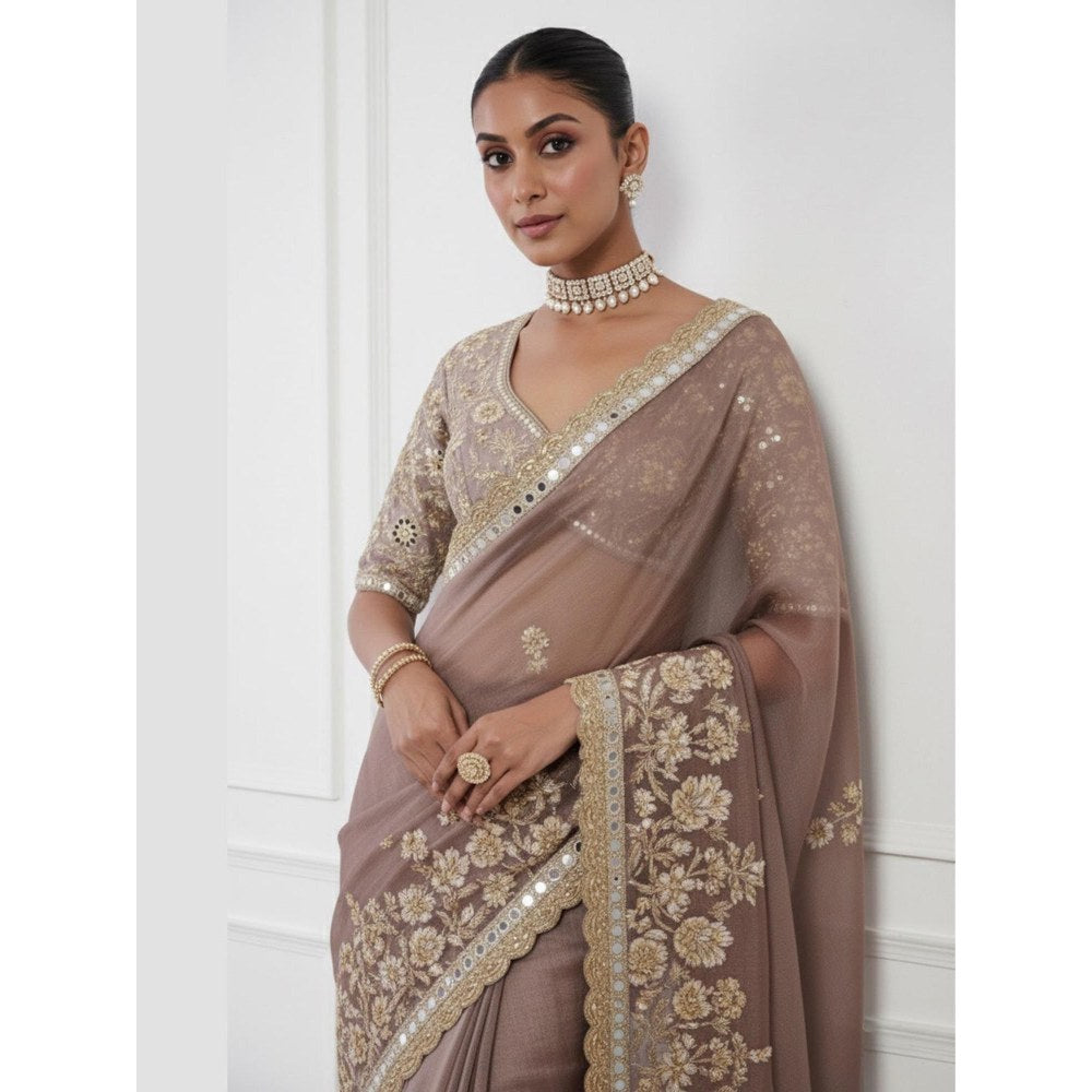 Neha Khullar Mocha Hand Embroidered Pre Drape Saree and Blouse Set