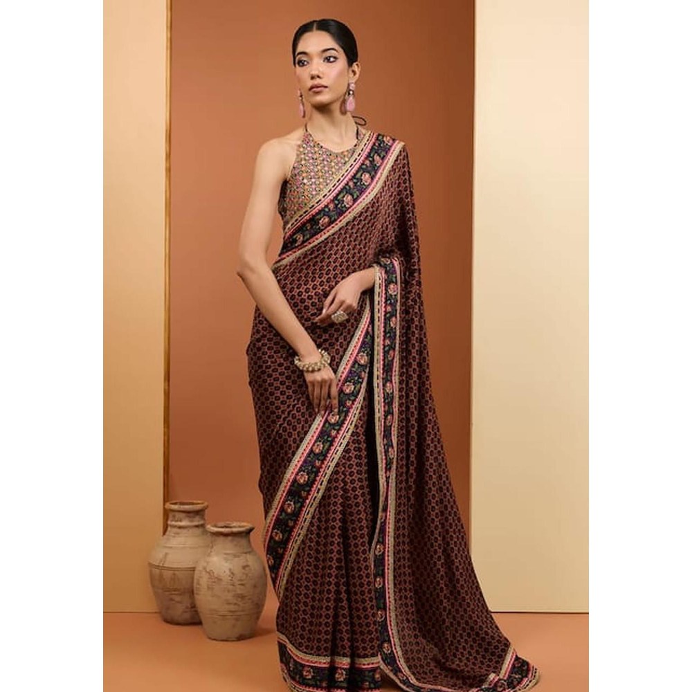 Neha Khullar Black Viscose Chiffon Printed Pre Drape Saree & Stitched Blouse with Underskirt