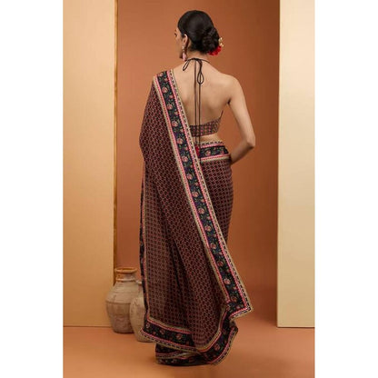 Neha Khullar Black Viscose Chiffon Printed Pre Drape Saree & Stitched Blouse with Underskirt