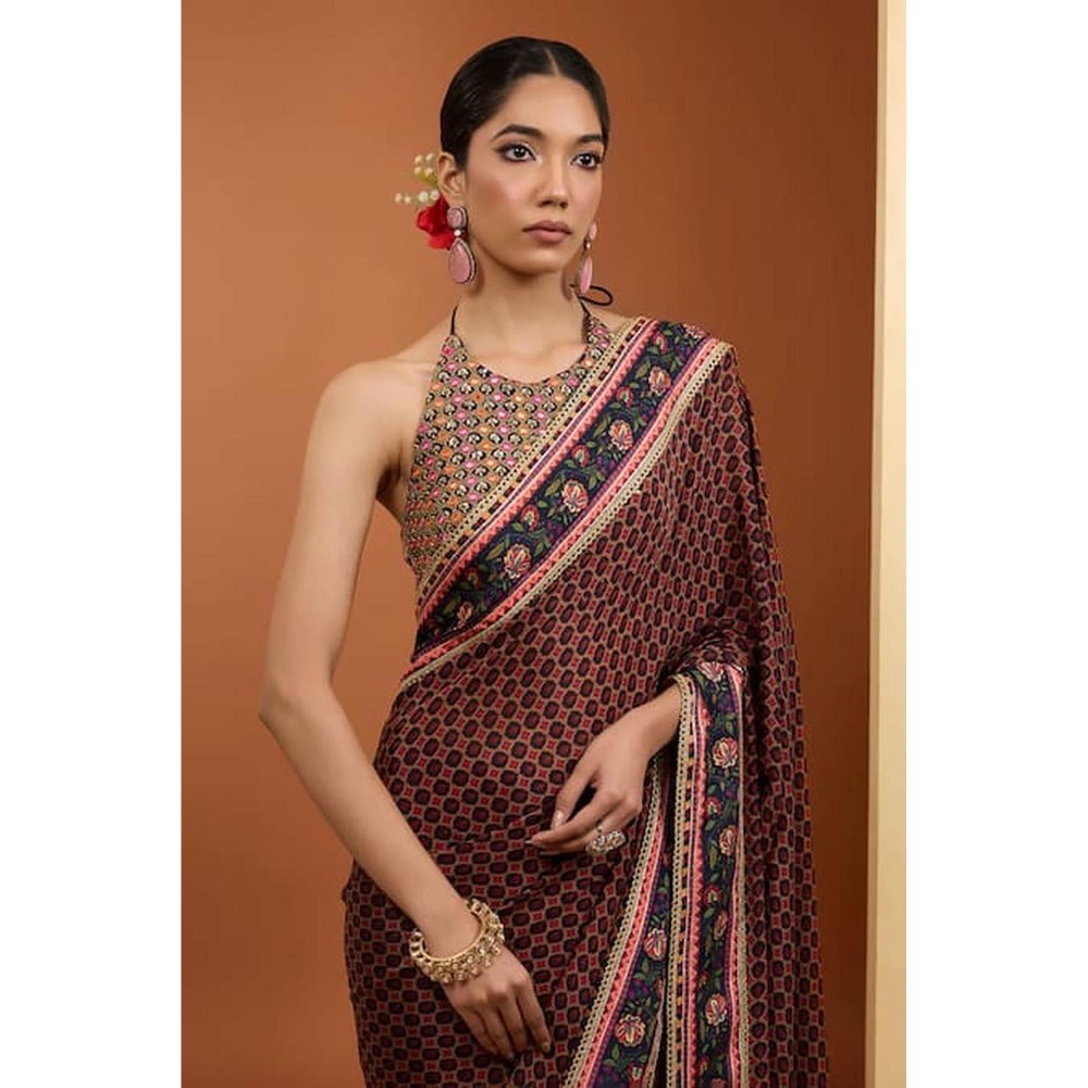 Neha Khullar Black Viscose Chiffon Printed Pre Drape Saree & Stitched Blouse with Underskirt