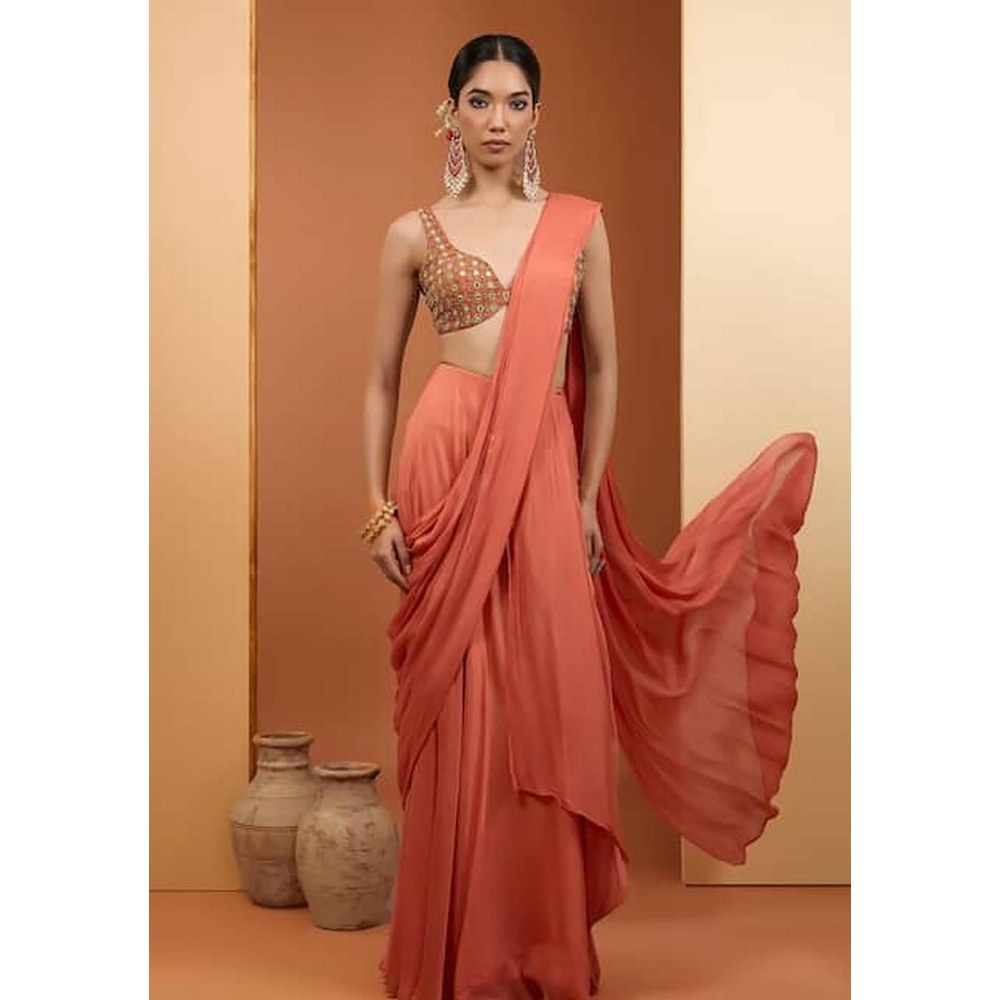 Neha Khullar Rust Viscose Chinon Pre Drape Saree and Stitched Blouse Set