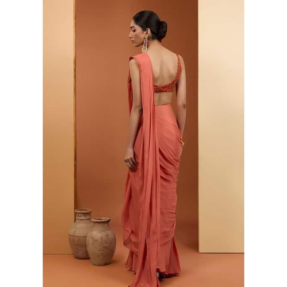 Neha Khullar Rust Viscose Chinon Pre Drape Saree and Stitched Blouse Set