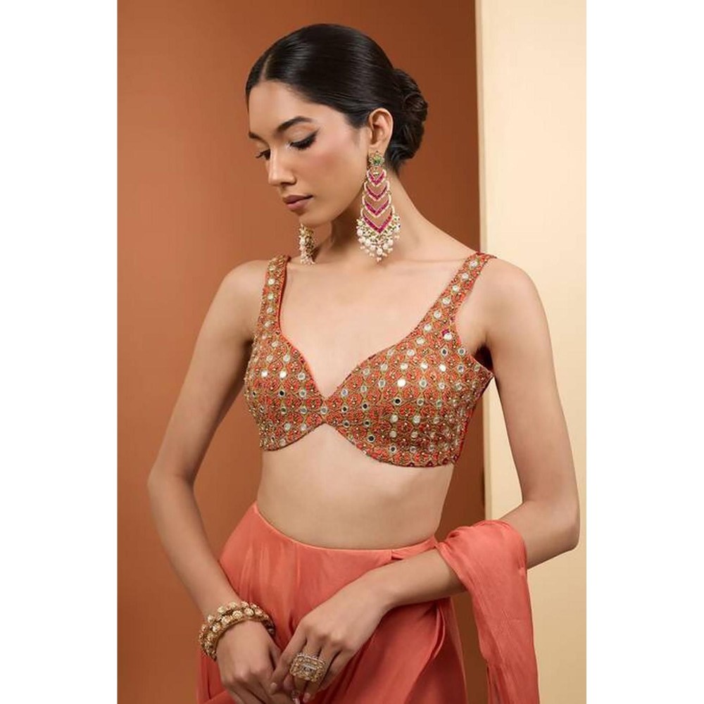 Neha Khullar Rust Viscose Chinon Pre Drape Saree and Stitched Blouse Set