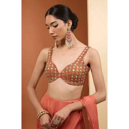 Neha Khullar Rust Viscose Chinon Pre Drape Saree and Stitched Blouse Set