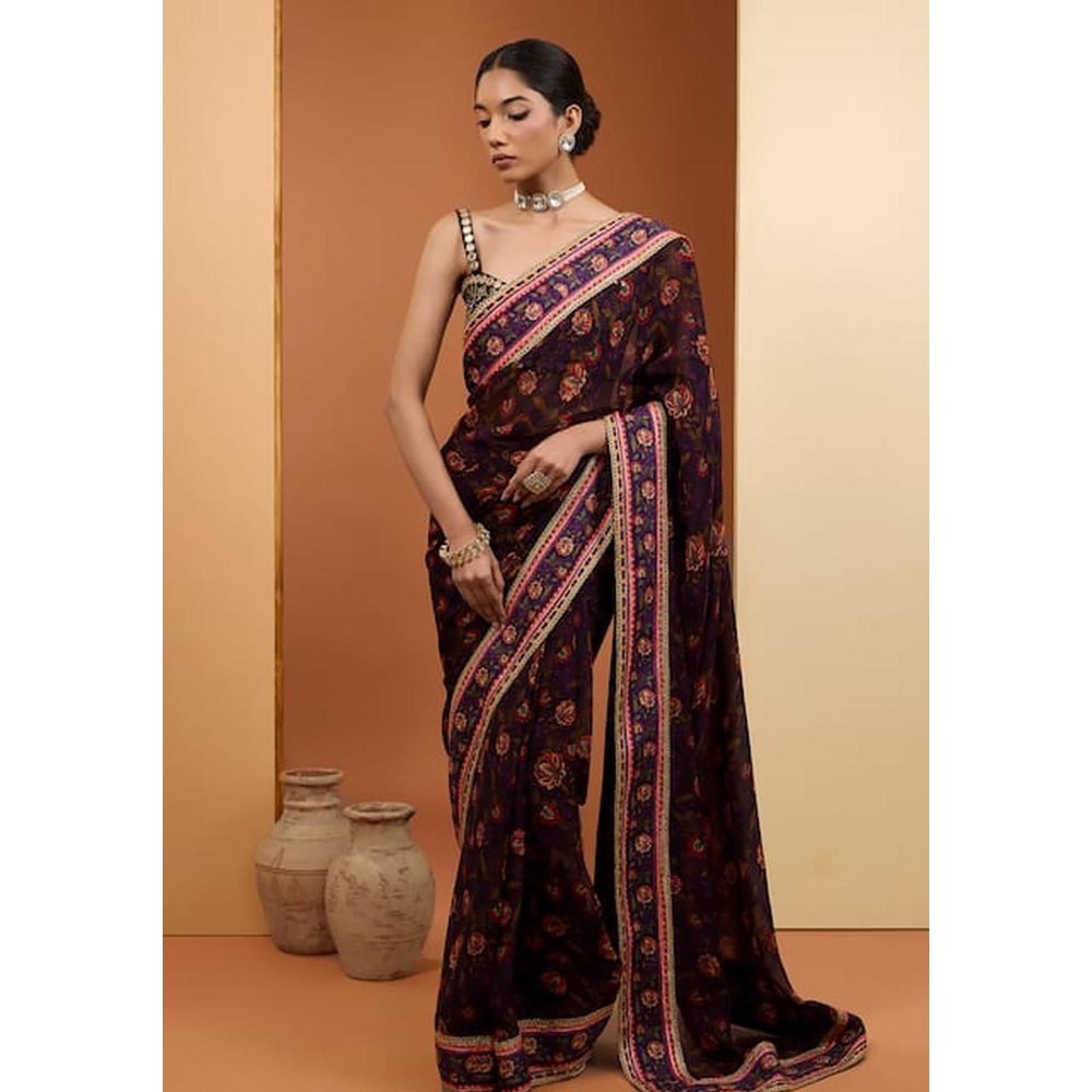 Neha Khullar Purple Viscose Organza Printed Pre Drape Saree & Stitched Blouse with Underskirt