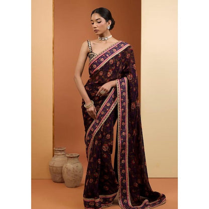 Neha Khullar Purple Viscose Organza Printed Pre Drape Saree & Stitched Blouse with Underskirt