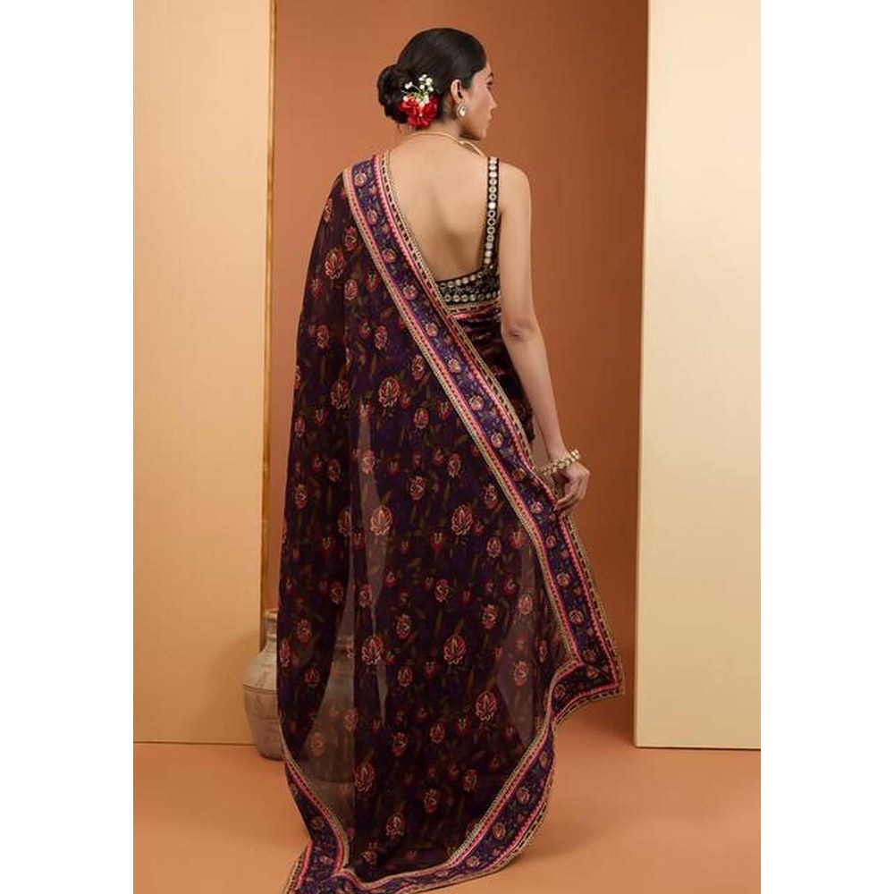 Neha Khullar Purple Viscose Organza Printed Pre Drape Saree & Stitched Blouse with Underskirt