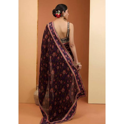 Neha Khullar Purple Viscose Organza Printed Pre Drape Saree & Stitched Blouse with Underskirt