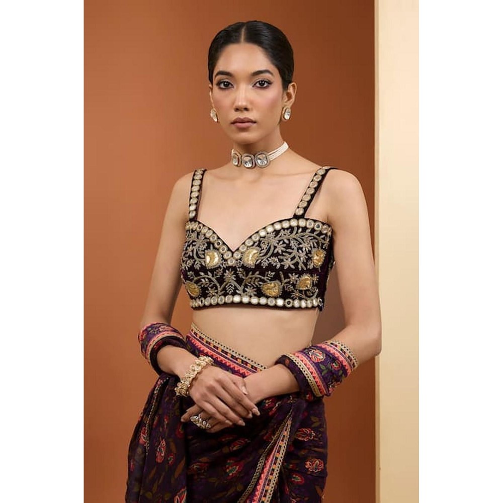 Neha Khullar Purple Viscose Organza Printed Pre Drape Saree & Stitched Blouse with Underskirt