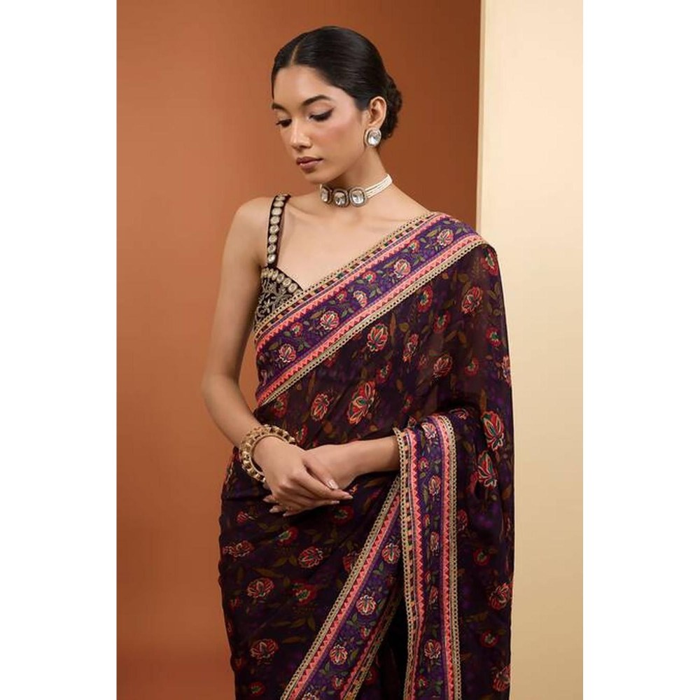 Neha Khullar Purple Viscose Organza Printed Pre Drape Saree & Stitched Blouse with Underskirt