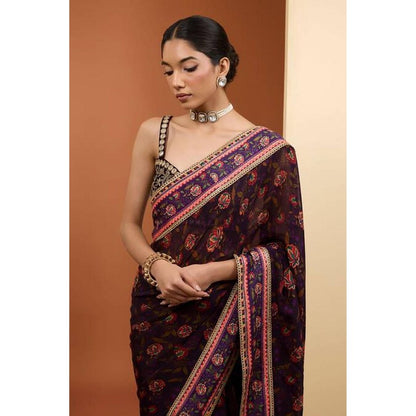Neha Khullar Purple Viscose Organza Printed Pre Drape Saree & Stitched Blouse with Underskirt