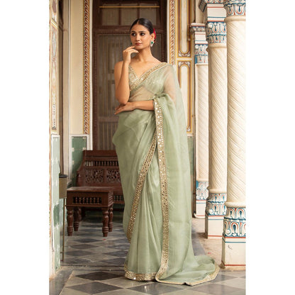 Neha Khullar Green Organza Pre Drape Mirror Work Saree and Stitched Blouse with Peticoat Set