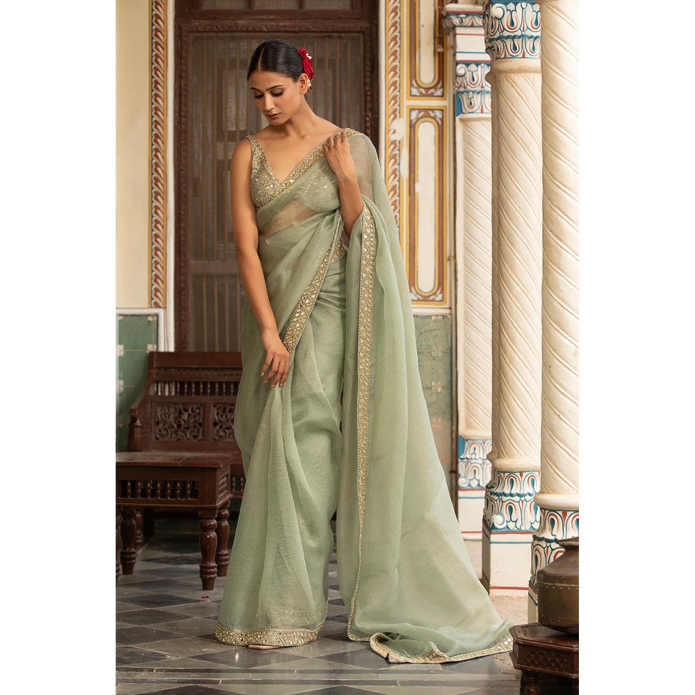 Neha Khullar Green Organza Pre Drape Mirror Work Saree and Stitched Blouse with Peticoat Set